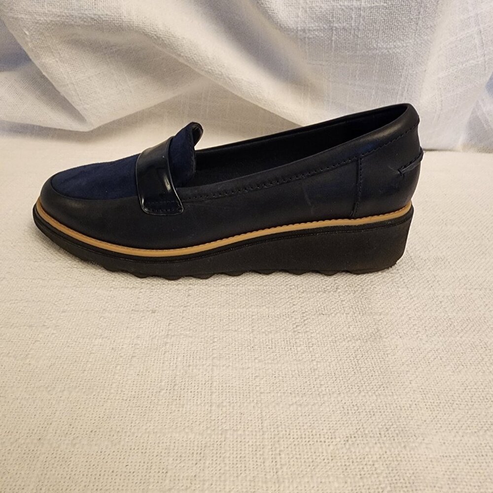 Clarks Collec Shoe W 7 Sharon Gracie Loafers Blue Lthr Suede Patent Slip On A211 - Picture 4 of 9